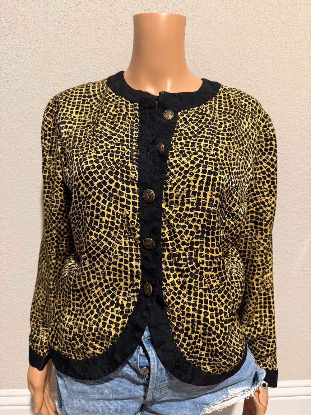 Adrianna Papell Silk Leopard Long sleeve Button Top